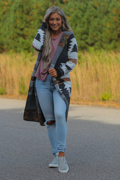 Charcoal Aztec Hooded Duster Cardigan