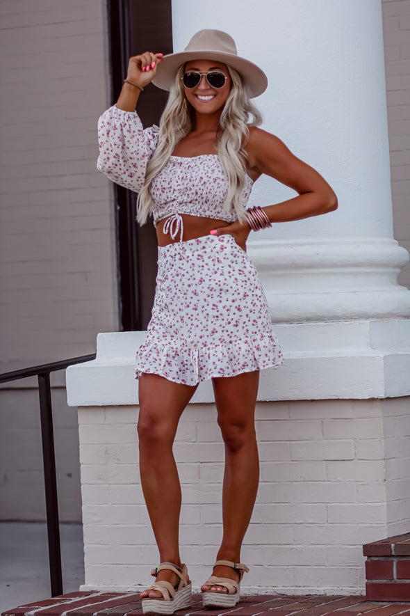 Ivory Floral Print Ruched Mini Skirt