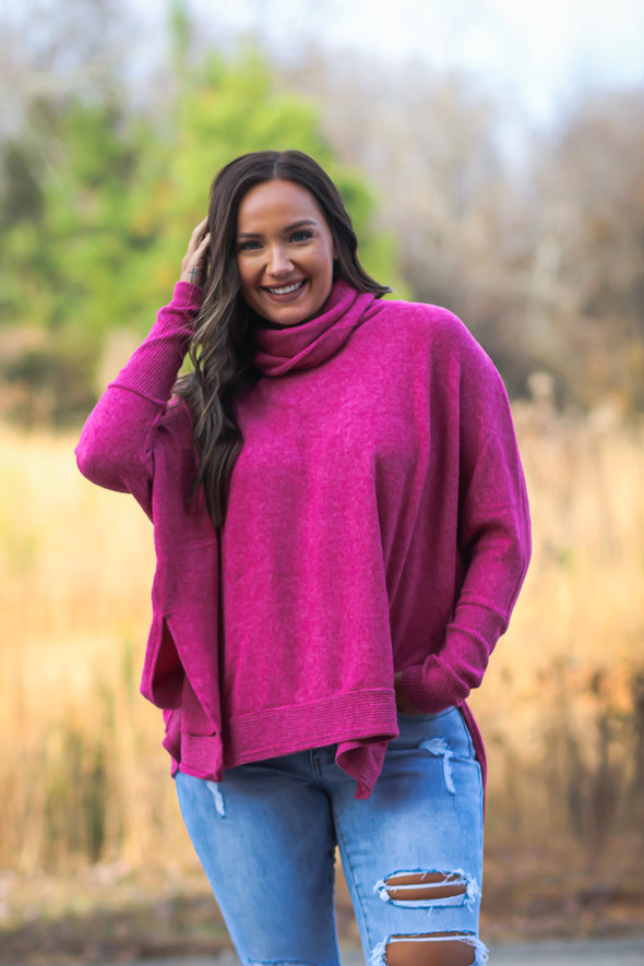 Magenta Soft Knit Cowl Neck Poncho Top