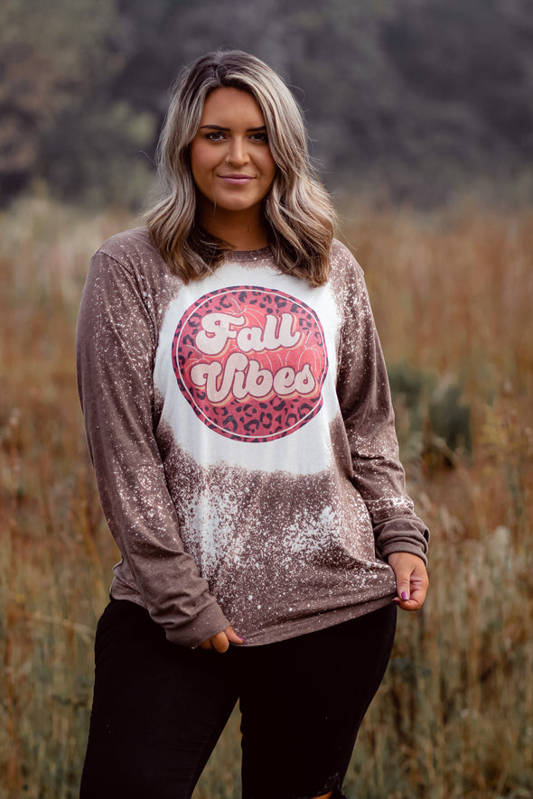 Fall Vibes Brown Bleached Long Sleeve Graphic Tee