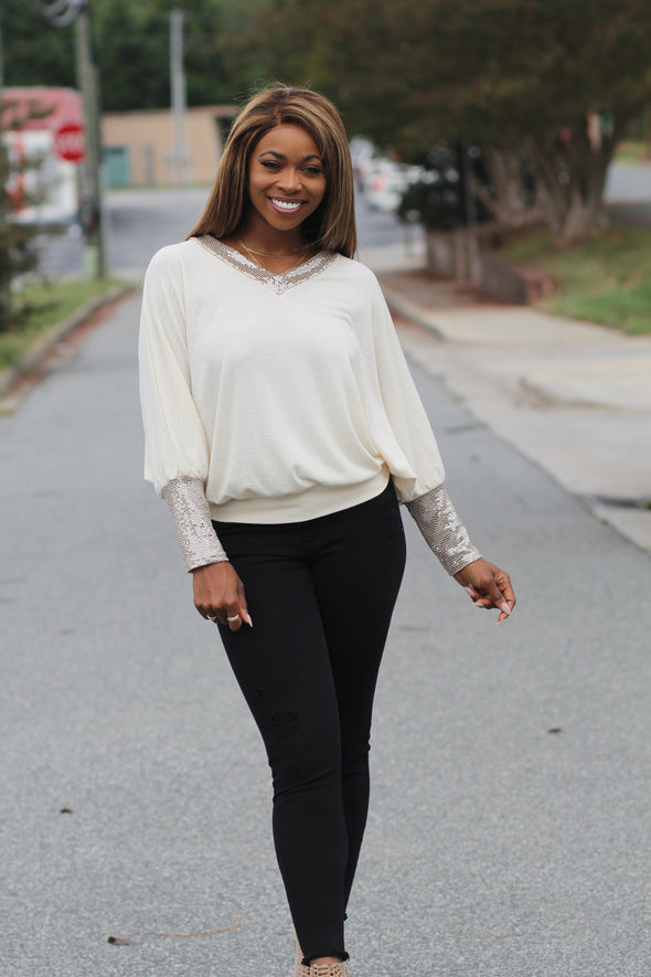 Cream & Sequin Batwing V Neck Top