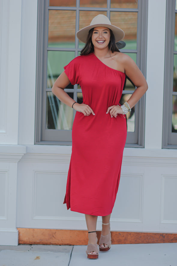 Red Draped One Shoulder Maxi Dress