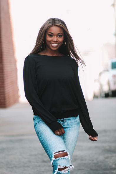 Black Woven Smocked Hem Blouse In Regular & Curvy