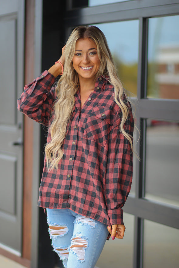 Deep Red Plaid Button Down Flannel Top