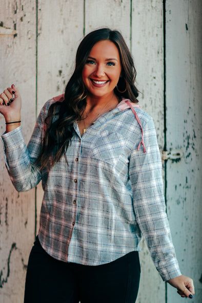 Heather Grey & Rose Plaid Hooded Flannel Top