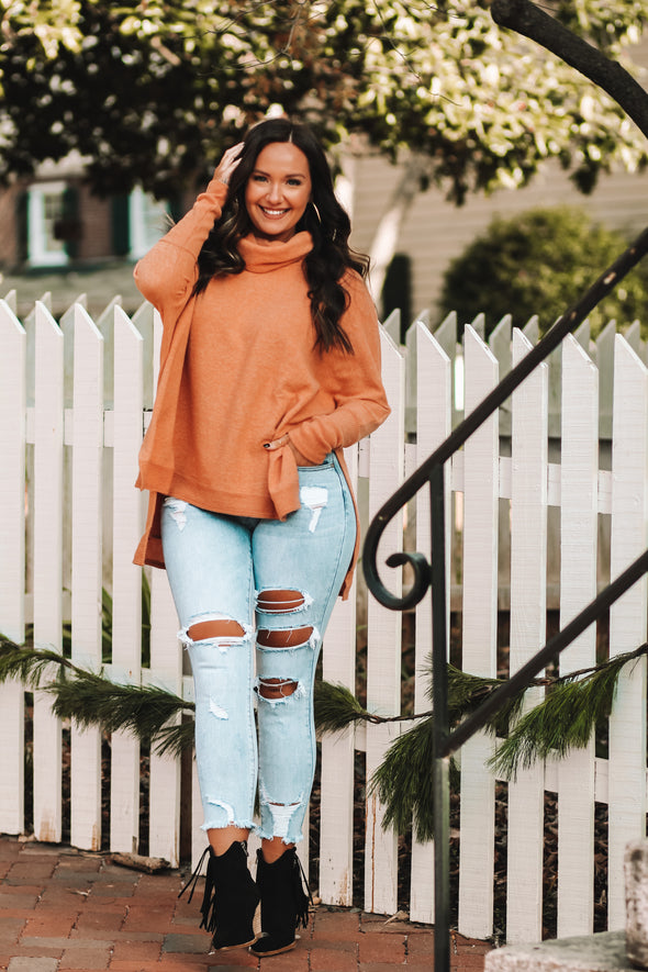 Buttery Orange Brushed Cowl Neck Poncho Top