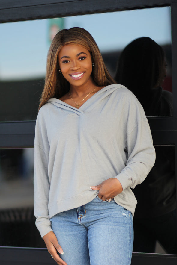 Grey V Neck Hooded Boxy Pullover