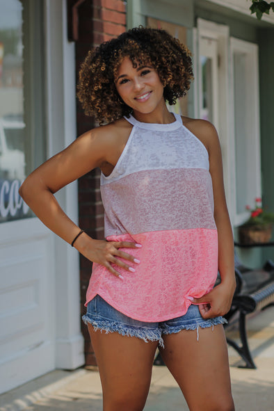 Ivory & Pink Color Block Burnout Halter Tank