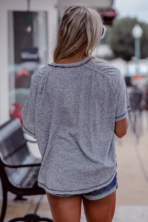 Heather Grey Raglan Short Sleeve Front Pocket Top