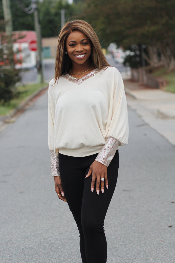 Cream & Sequin Batwing V Neck Top