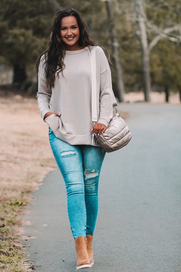 Taupe French Terry Side Slit Top