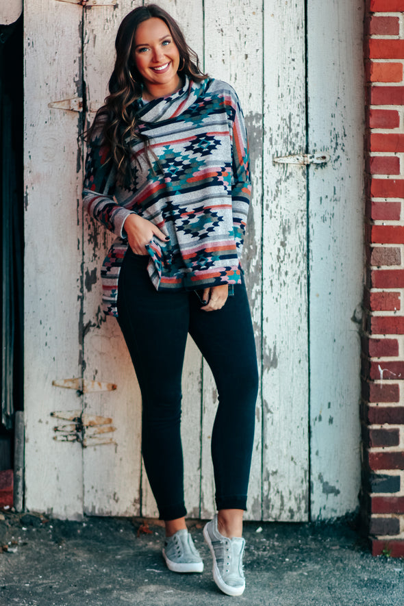 Heather Grey Multi Aztec Cowl Neck Top