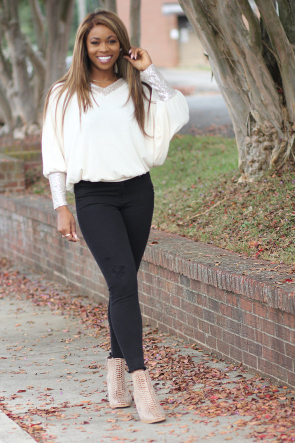 Cream & Sequin Batwing V Neck Top