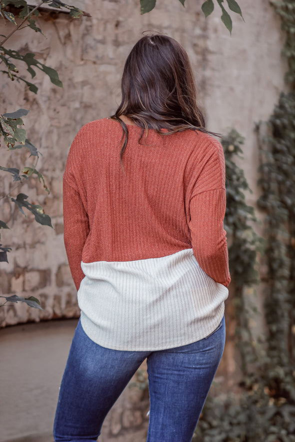 Rust & Ivory Colorblock Metallic V Neck Top