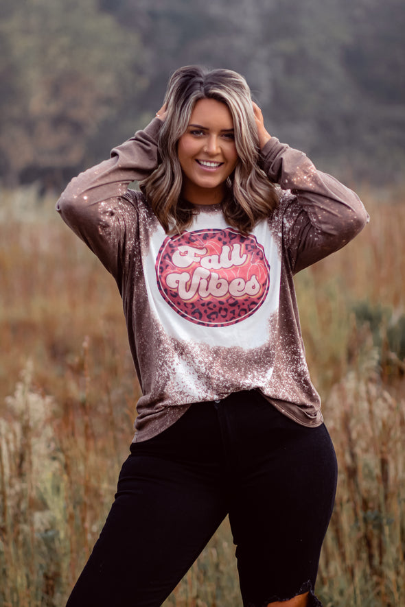 Fall Vibes Brown Bleached Long Sleeve Graphic Tee