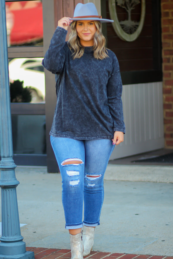 Black Mineral Washed Mock Neck Long Sleeve Top