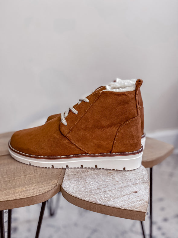 Camel Fur Lined Lace Up Bootie