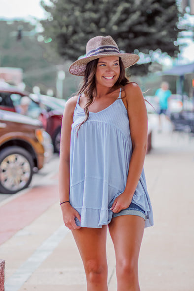 Dusty Blue Contrast Waffle Knit Tunic Top