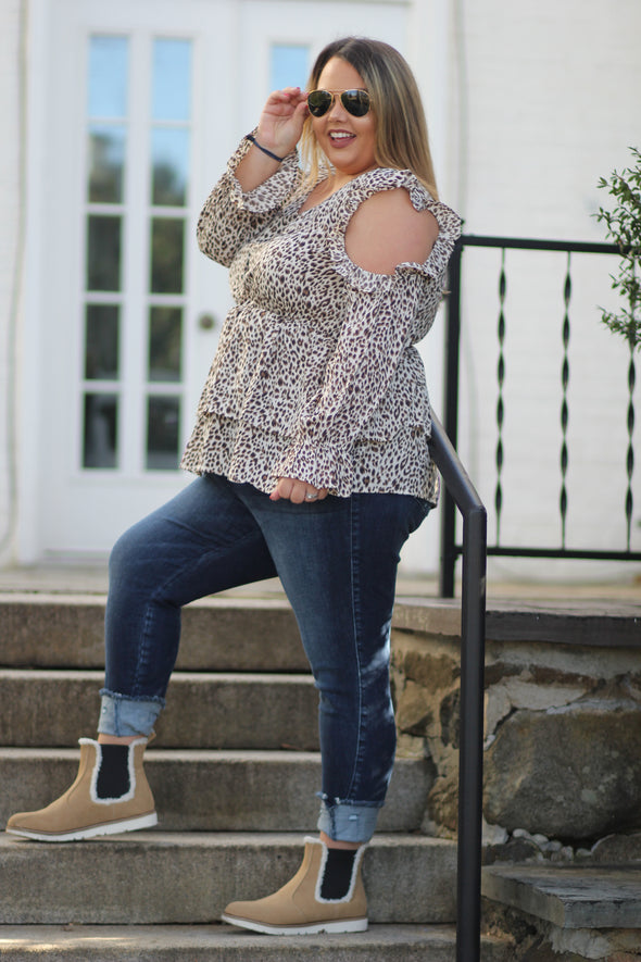 Cream Leopard Cold Shoulder Blouse In Regular & Curvy