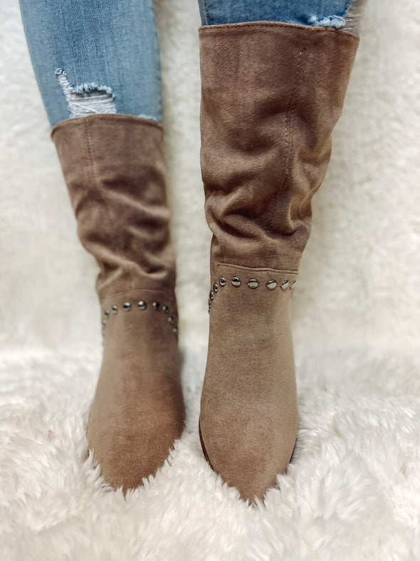 Taupe Suede Studded Midi Boot