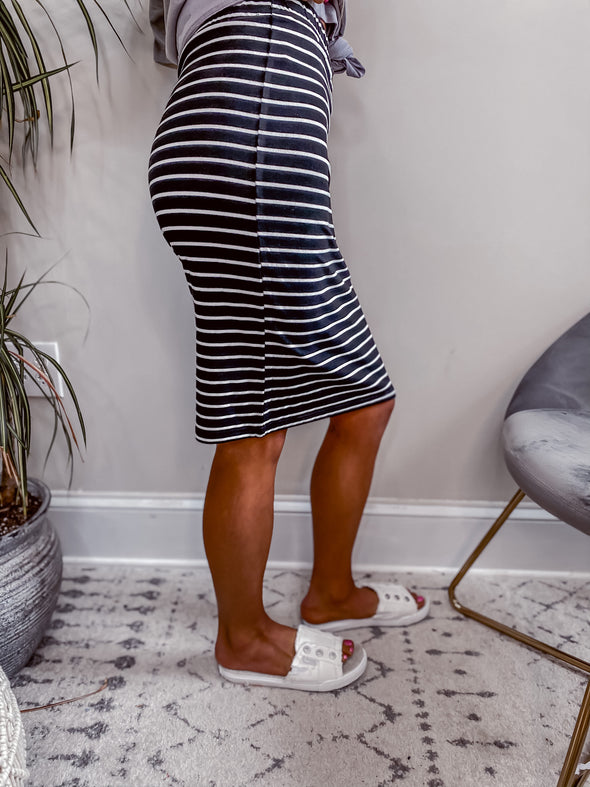 Black & Ivory Stripe Midi Skirt