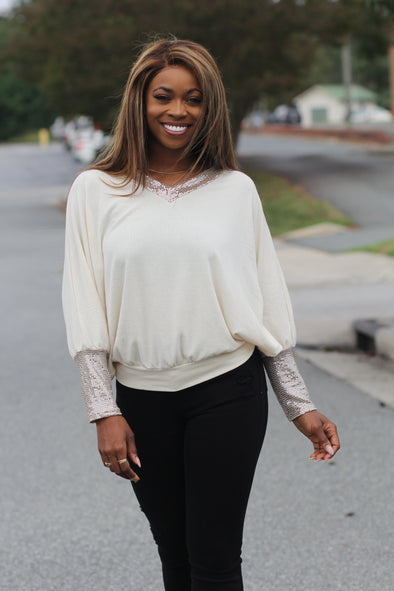 Cream & Sequin Batwing V Neck Top