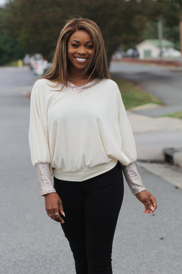 Cream & Sequin Batwing V Neck Top