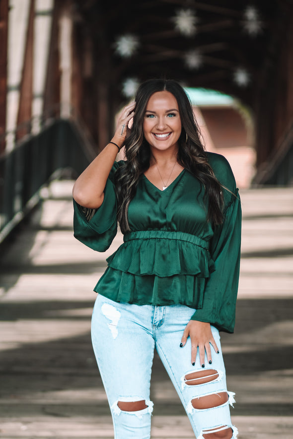 Hunter Green Tiered Peplum Blouse