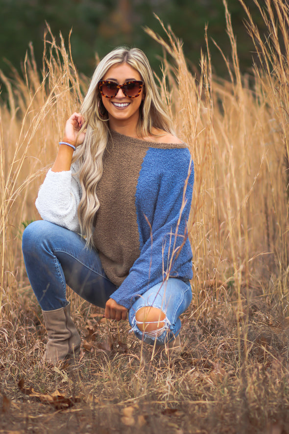 Brown & Blue Colorblock Dolman Sleeve Sweater