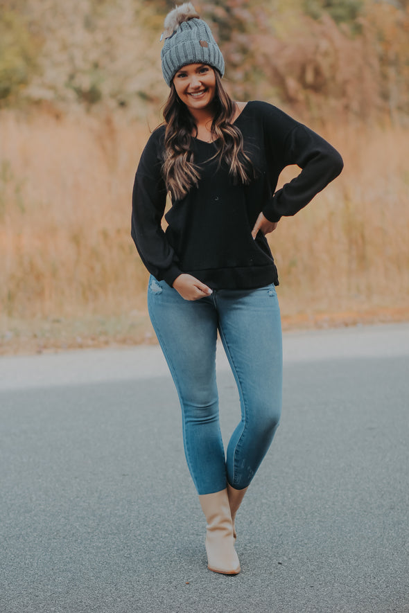 Black Ribbed Knit V Neck Long Sleeve Top In Regular & Curvy