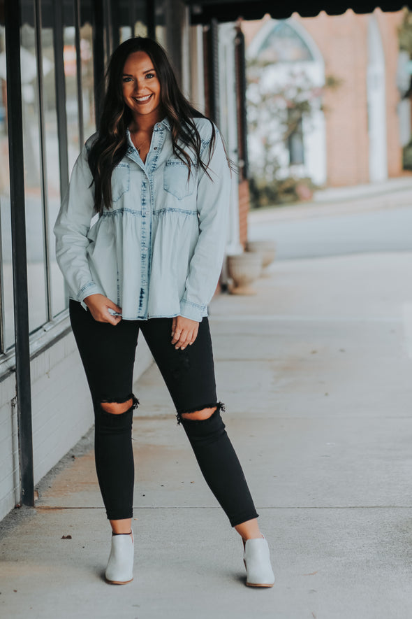 Washed Denim Peplum Button Down Top