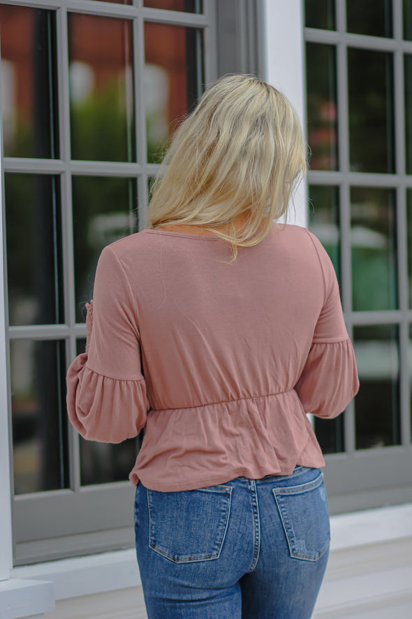 Rose Smocked Long Sleeve Peplum Top