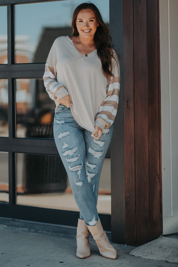 Taupe & Stripe Contrast V Neck Long Sleeve Top