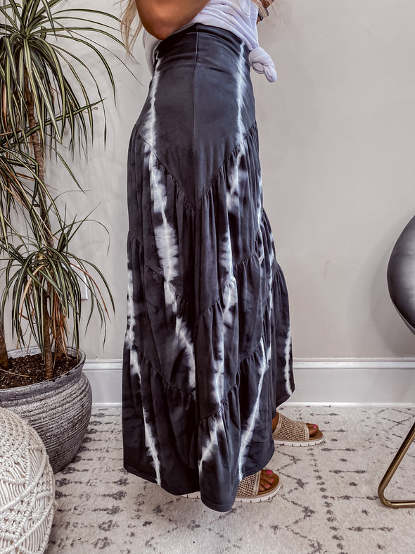 Black Tie Dye Tiered Midi Skirt