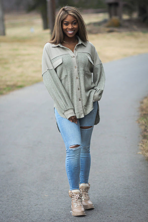 Olive Thermal Knit Button Down Top