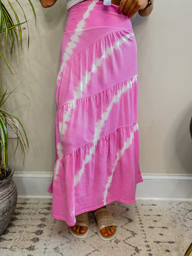 Pink Tie Dye Tiered Midi Skirt