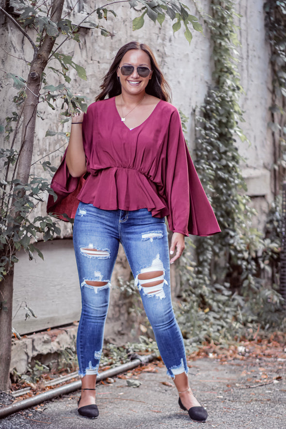 Wine V Neck Batwing Peplum Blouse