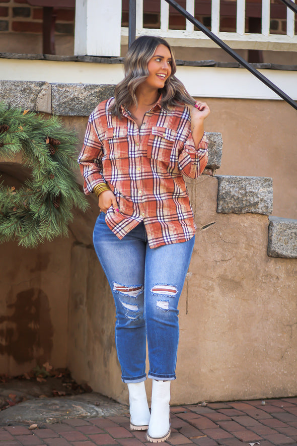 Rust & Taupe Plaid Button Down Shacket