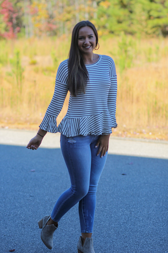 Ivory & Black Stripe Ruffle Hem Top