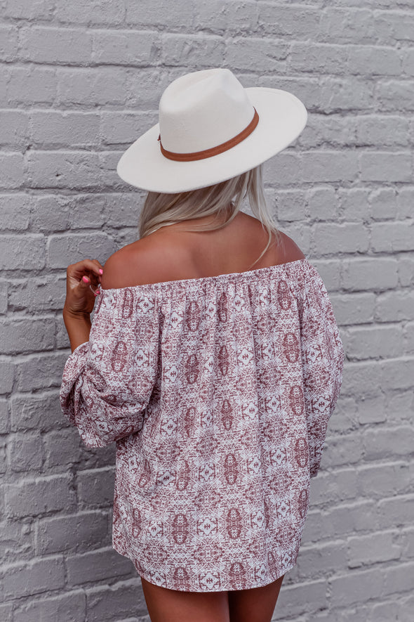 Brick Aztec Keyhole Off Shoulder Blouse