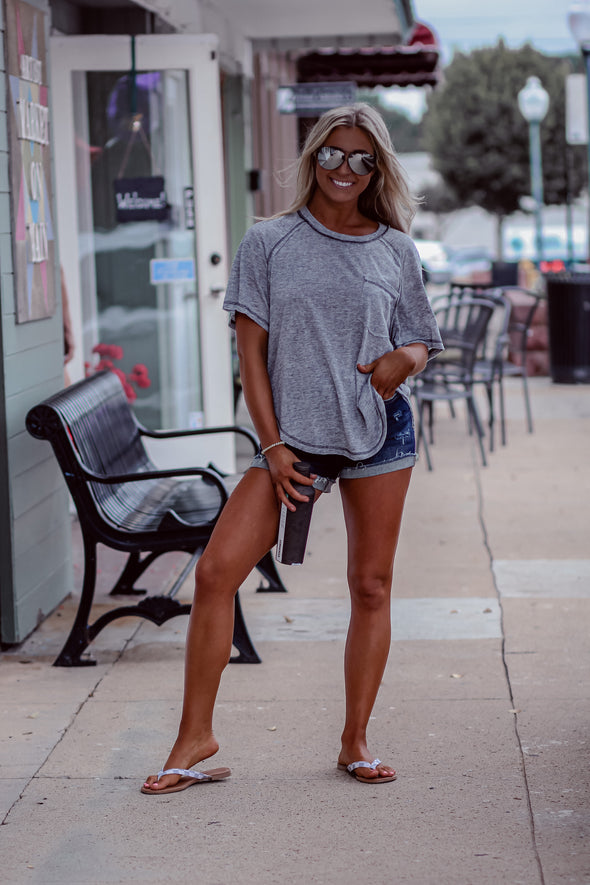 Heather Grey Raglan Short Sleeve Front Pocket Top