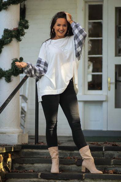 Ivory & Grey Plaid Contrast Bubble Sleeve Top