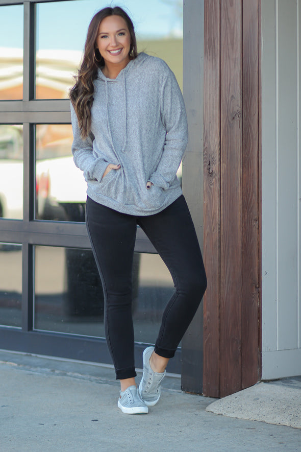 Heather Grey Ribbed Thermal Knit Hoodie Top