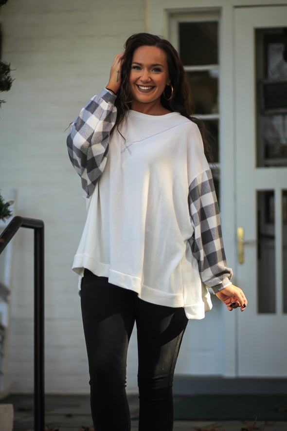 Ivory & Grey Plaid Contrast Bubble Sleeve Top