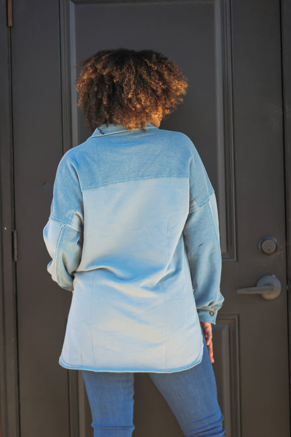 Steel Blue French Terry Button Down Shacket