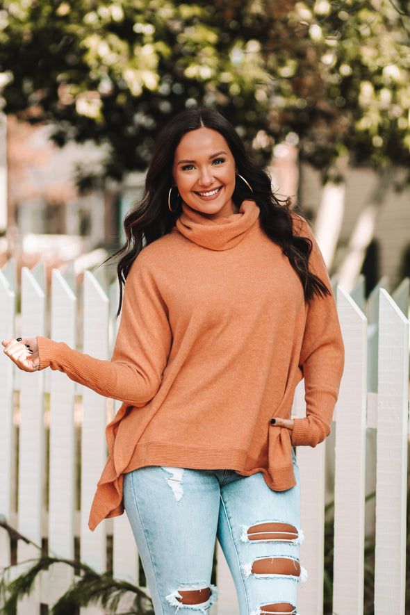 Buttery Orange Brushed Cowl Neck Poncho Top