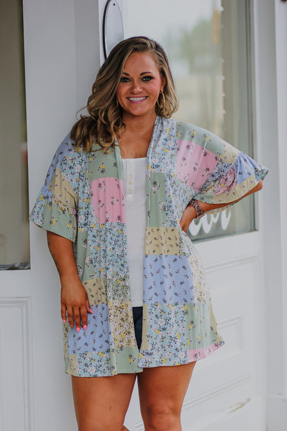 Multi Floral Pastel Short Sleeve Kimono