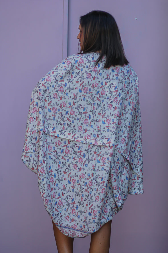 Cream Floral Print Kimono