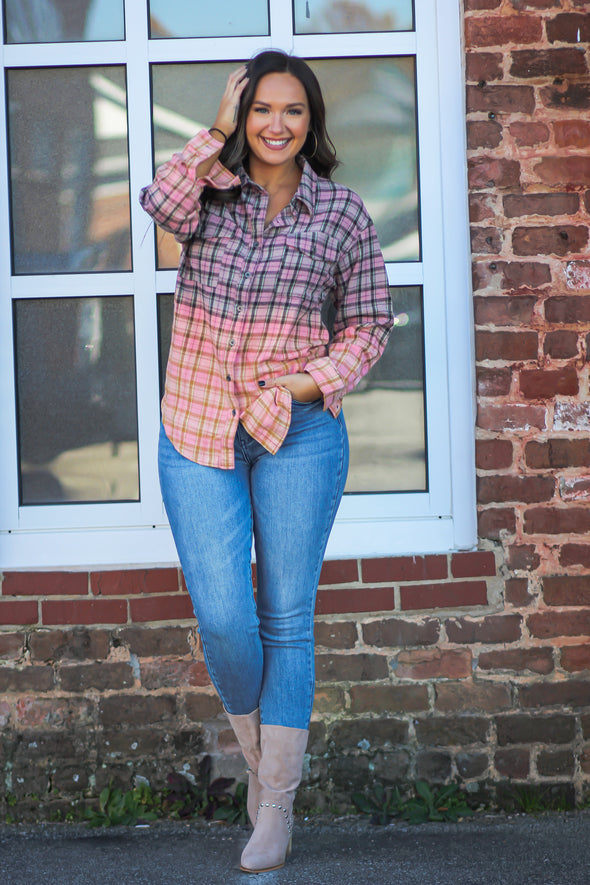 Mauve Bleached Plaid Button Down Flannel