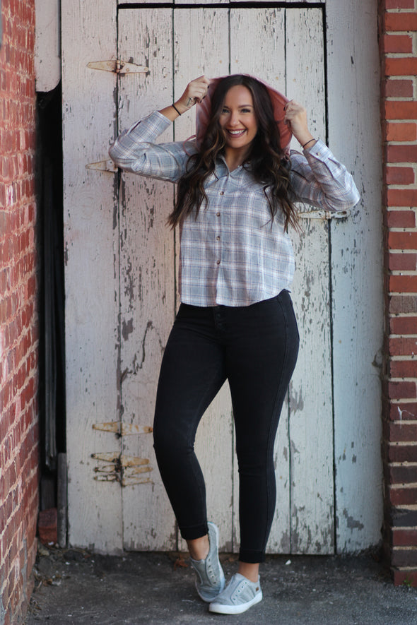 Heather Grey & Rose Plaid Hooded Flannel Top